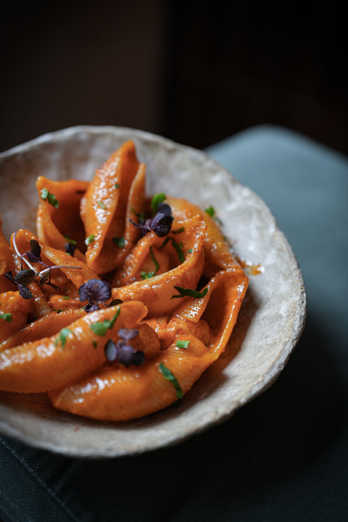 Paccheri rigati aux gambas et bisque réduite